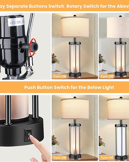 Table Lamps for Living Room Set of 2,26" Tall Bedside Farmhouse Table Lamps with LED Lantern Nightlight,Bedroom Nightstand Lamps with Dual USB Port Beige Fabric Shade (Bulbs Included) - LeafyLoom