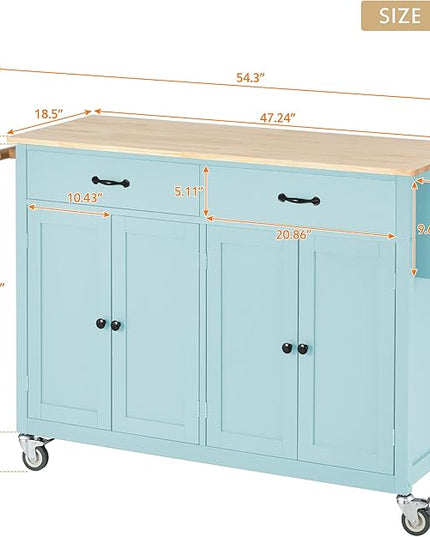 Solid Wood Top, Mobile Carts with Storage Cabinet, Rolling Kitchen Table w/Spice, Towel Rack, and Drawer, Portable Islands on Wheels, Mint Green, 54.33 Inch - LeafyLoom