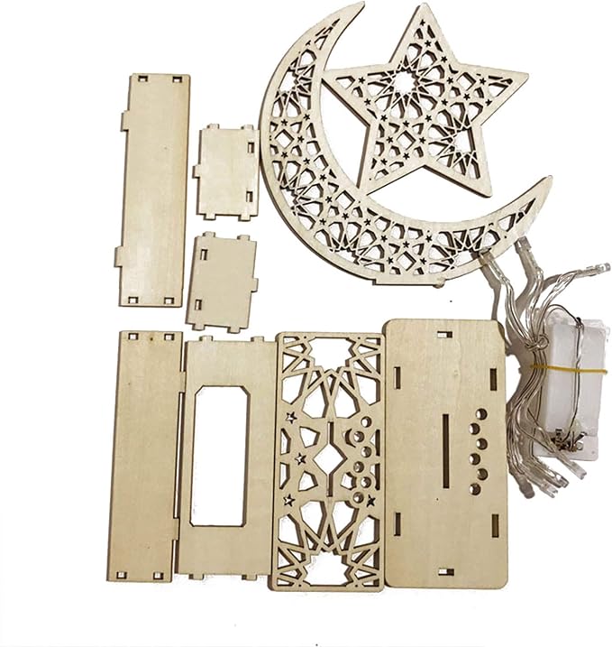 Wooden Eid Crafts Night Light Islamic Palace LED Moon Tabletop Lights Decor Eid Mubarak DIY Muslim Lighting 3D Ramadan Mubarak Lamp Decorations for Home Party Supplies (7.48*5.9*2.36inch, B) - LeafyLoom