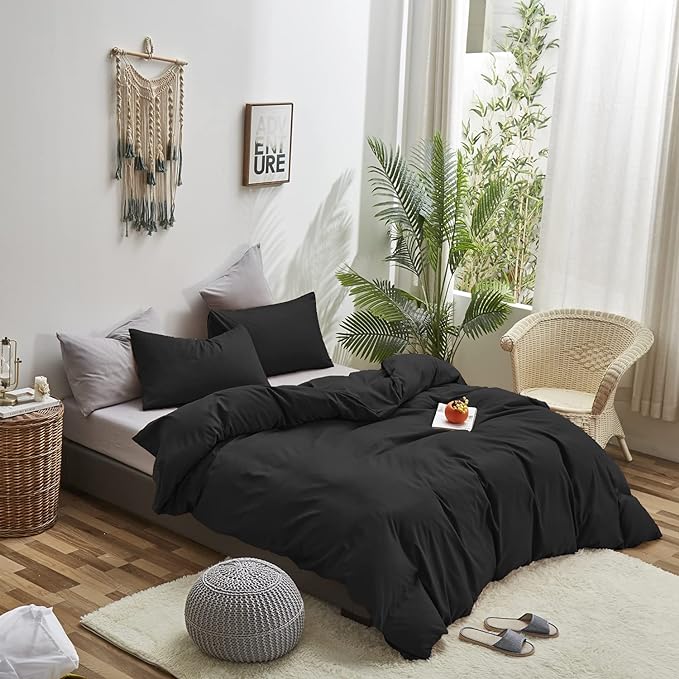 Black Comforter King Plain Black Bedding Set Pure Black Bedding Soft Durable Comforter Set Men Lightweight Solid Black Blanket Women Breathable True Black Bed Comforter Set - LeafyLoom