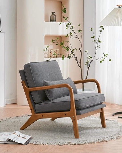 Bonnlo Linen Dark Grey Accent Chairs Set of 2, Upholstered Mid Century Modern Lounge Chairs Reading Chairs Side Sitting Chair Solid Wood Farmhouse Armchairs for Living Room, Bedroom, Guest Room - LeafyLoom