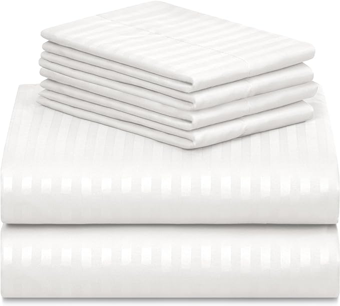 LuxClub 6 PC Full Size Sheet Set Bed Sheets, Breathable Luxury Bed Sheets, Deep Pockets 18" Wrinkle Free Cooling Bed Sheets Machine Washable Hotel Bedding (Full, Striped White) - LeafyLoom