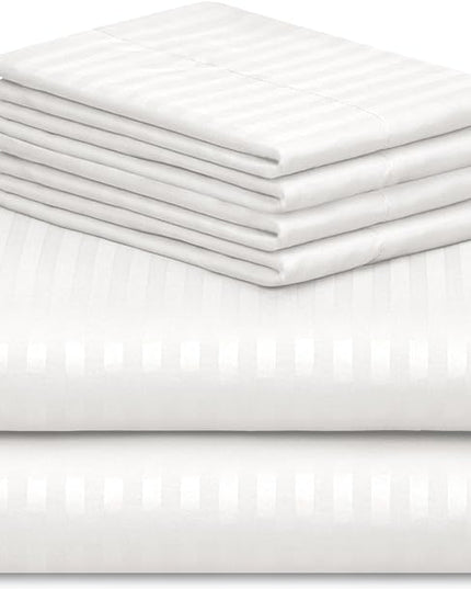 LuxClub 6 PC Queen Size Sheet Set Bed Sheets, Breathable Luxury Bed Sheets, Deep Pockets 18" Wrinkle Free Cooling Bed Sheets Machine Washable Hotel Bedding (Queen, Striped White) - LeafyLoom