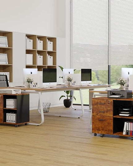Wood File Cabinet, 3 Drawer Mobile Lateral Filing Cabinet On Wheels, Printer Stand with Open Storage Shelves for Home Office (Wood) - LeafyLoom