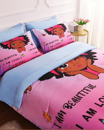 7 Piece Black Girls Magic Comforter Sets Full Size African American Girl Bedding Set Bed in A Bag for Girls Kids Teens Inspirational Quotes Pink Blue Quilts Room Decor - LeafyLoom