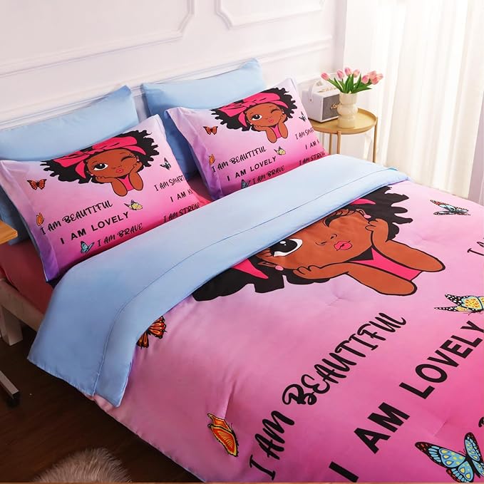 7 Piece Black Girls Magic Comforter Sets Full Size African American Girl Bedding Set Bed in A Bag for Girls Kids Teens Inspirational Quotes Pink Blue Quilts Room Decor - LeafyLoom