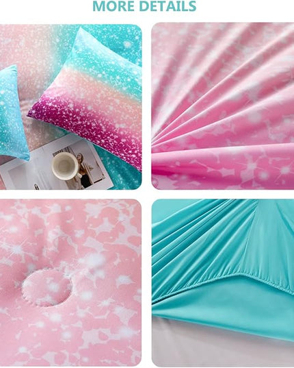 PERFEMET 6 Piece Full Size Comforter Sets for Teens Girls, Tie Dye Rainbow Ombre Bed in A Bag, Gradient Glitter Sparkle Bedroom Decor Bedding Set (Blue Teal Purple, Full) - LeafyLoom