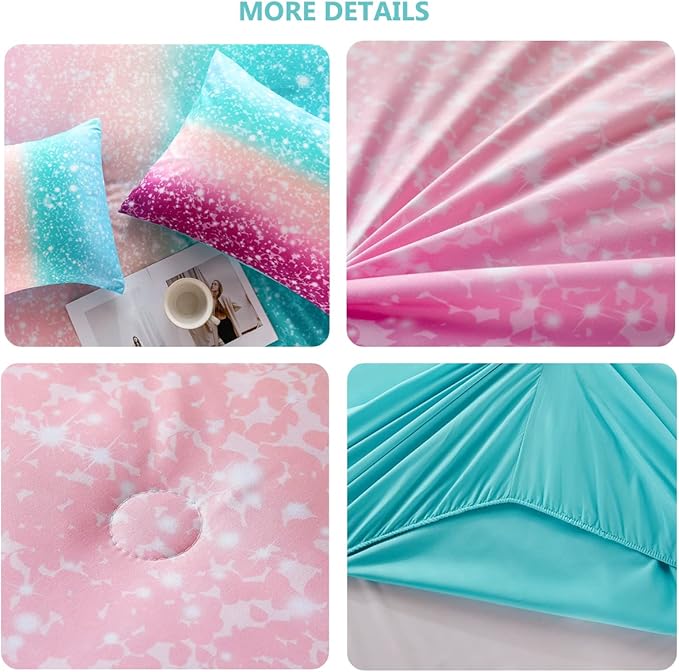 PERFEMET 6 Piece Full Size Comforter Sets for Teens Girls, Tie Dye Rainbow Ombre Bed in A Bag, Gradient Glitter Sparkle Bedroom Decor Bedding Set (Blue Teal Purple, Full) - LeafyLoom