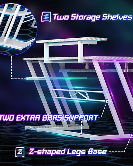 armocity L Shaped Gaming Desk with LED Lights and Outlets, White PC Gaming Desk with Monitor Stand and Shelves, Reversible Gaming Computer Desk with Keyboard Tray & Z-Shape Legs, 47" - LeafyLoom