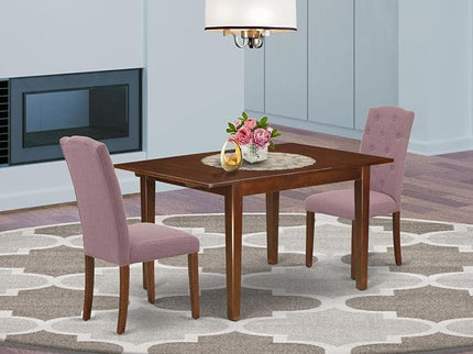 East West Furniture MLCE3-MAH-10 Milan 3 Piece Modern Dining Set Contains a Rectangle Wooden Table with Butterfly Leaf and 2 Dahlia Linen Fabric Upholstered Chairs, 36x54 Inch, Mahogany - LeafyLoom