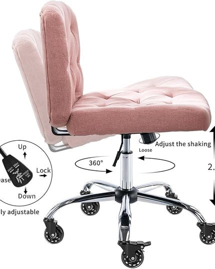 Criss Cross Chair with Wheels, Comfy Fabric Cross Legged Office Chair for Adult, Armless Wide Seat Desk Chair with Lumbar Pillow,Swivel Vanity Chair for Home Office, Conference (Pink) - LeafyLoom