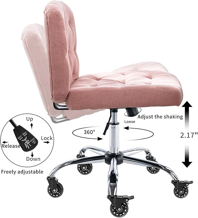 Criss Cross Chair with Wheels, Comfy Fabric Cross Legged Office Chair for Adult, Armless Wide Seat Desk Chair with Lumbar Pillow,Swivel Vanity Chair for Home Office, Conference (Pink) - LeafyLoom