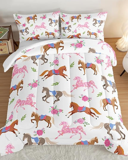 HOSIMA Kawaii Pink Rose Horse Twin Comforter Princess Toddler Bedding Set,Cute Animal Horse Bedding Girls Teens Aesthetic Room Decor,Cowboy Cowgirl Colorful Pony Twin Bed in a Bag. - LeafyLoom