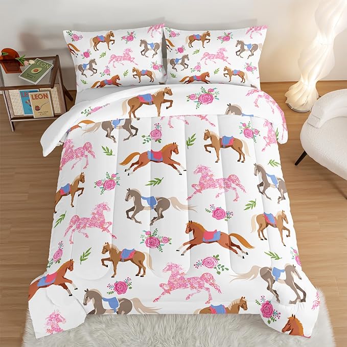 HOSIMA Kawaii Pink Rose Horse Twin Comforter Princess Toddler Bedding Set,Cute Animal Horse Bedding Girls Teens Aesthetic Room Decor,Cowboy Cowgirl Colorful Pony Twin Bed in a Bag. - LeafyLoom
