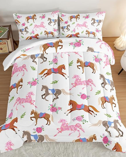 HOSIMA Kawaii Pink Rose Horse Queen Comforter Set,Cute Animal Horse Bedding Girls Teens Aesthetic Room Decor,Princess Toddler Bedding Set Cowboy Cowgirl Colorful Pony Queen Size Bed in a Bag. - LeafyLoom