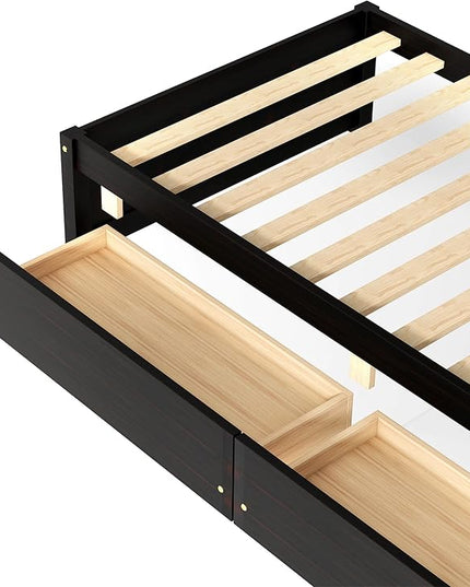 Twin Bed with 2 Storage Drawers, Solid Pinewood Twin Size Bed Frame,for Boys/Girls/Teens Bedroom, Easy to Assemble, No Box Spring Needed,Espresso - LeafyLoom