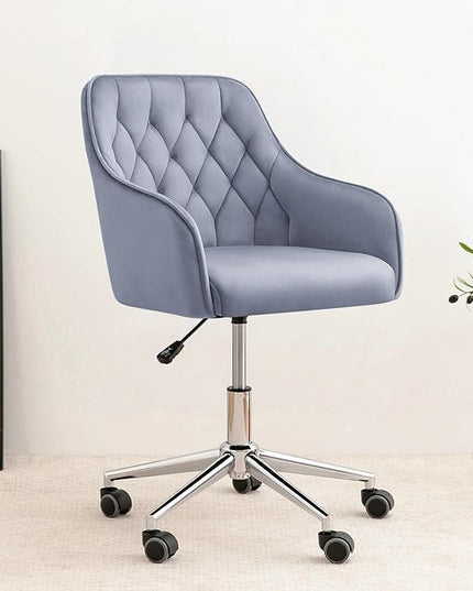 Velvet Desk Chair Vanity Chair for Makeup with Wheels and Back Home Office Chair Adjustable Rolling Swivel Chair for Bedroom Vanity Room Grey - LeafyLoom
