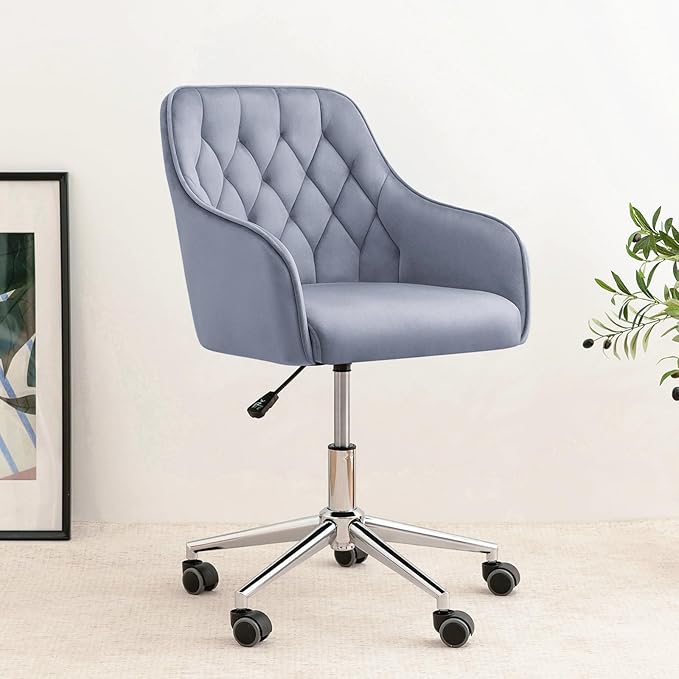 Velvet Desk Chair Vanity Chair for Makeup with Wheels and Back Home Office Chair Adjustable Rolling Swivel Chair for Bedroom Vanity Room Grey - LeafyLoom