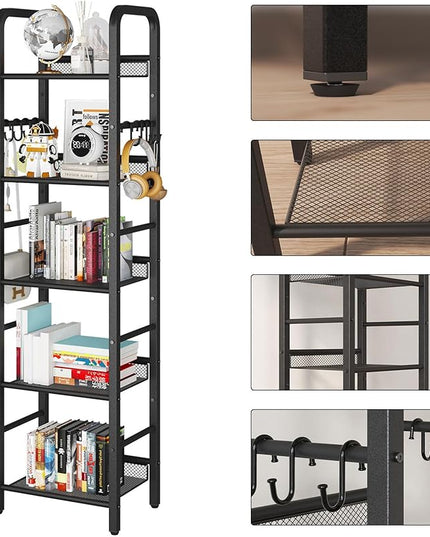 YMYNY 5 Tier Bookshelf, Freestanding Bookcase for Living Room, Bedroom, Home Office, Multi-Functional Storage Rack Organizer, Display Rack with Metal Frame, Rust Resistance, Black, UHBC055B - LeafyLoom