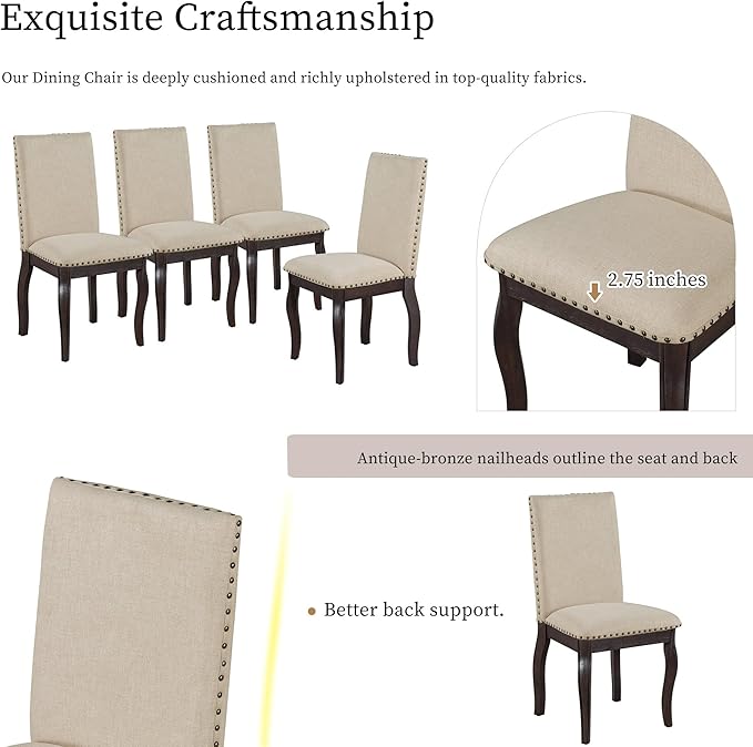 5 Piece Round Farmhouse Wooden Dining Table Set with 4 Upholstered Chairs, Extendable Restaurant Furniture, for Kitchen, Diningroom, Living Room, Espresso+Brown - LeafyLoom