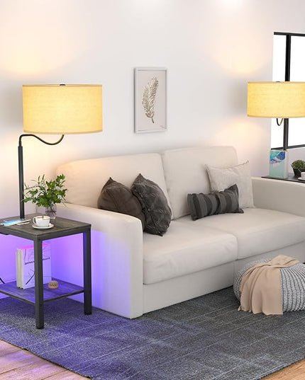 LED Floor Lamp with Table, Side Table with LED Light and Power Outlet, Bedside Nightstand with Lamp, End Table with Lamp Attached for Living Room, Bedroom, USB Ports, Bulb Included, Black Oak - LeafyLoom