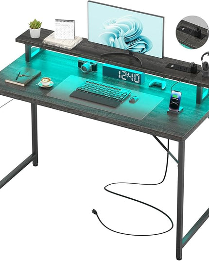 Computer Desk with USB Power Outlets and LED Lights, 47 inch Gaming desk with Monitor Stand for Small Space Home Office, Modern Simple Study Writing Table PC Desks, Black Oak - LeafyLoom