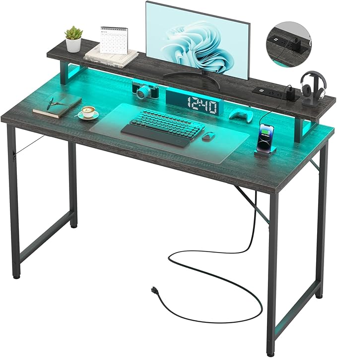 Computer Desk with USB Power Outlets and LED Lights, 47 inch Gaming desk with Monitor Stand for Small Space Home Office, Modern Simple Study Writing Table PC Desks, Black Oak - LeafyLoom