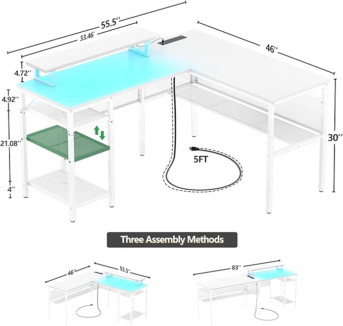 L Shaped Desk, 55 Inch Reversible Computer Desk with Magic Power Outlet and Cool LED Light, Sturdy Corner Office Desk with Ergonomic Monitor Stand, Gaming Table, Attractive Grid Design, White - LeafyLoom