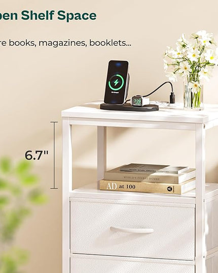 Night Stand with Charging Station, Multiple Drawer Dresser for Bedroom, Bedside Table, Tall Nightstand with PU Leather Finish, Open Shelf, End Table, for Closet, Entryway, Bedroom, White - LeafyLoom