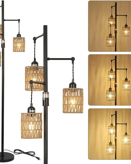 Bohemian Farmhouse Floor Lamp, Black, 65-Inch, Dimmable, 3 E26 UL Sockets, Natural Rattan Shade, Reinforced Metal Base, 24 Months Warranty - LeafyLoom
