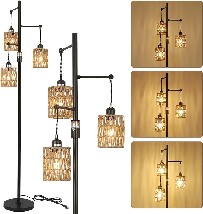 Bohemian Farmhouse Floor Lamp, Black, 65-Inch, Dimmable, 3 E26 UL Sockets, Natural Rattan Shade, Reinforced Metal Base, 24 Months Warranty - LeafyLoom