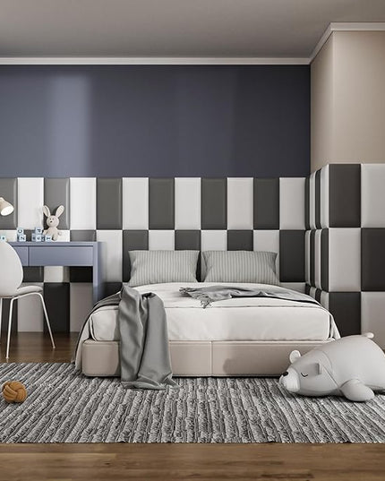 Peel and Stick Headboard Grey Upholstered Wall Panels, 10 Panels Sized 7.8" x 15.7", 3D Anti-Collision Soundproof Self-Adhesive Wall Panel for Bedroom，Living Room - LeafyLoom