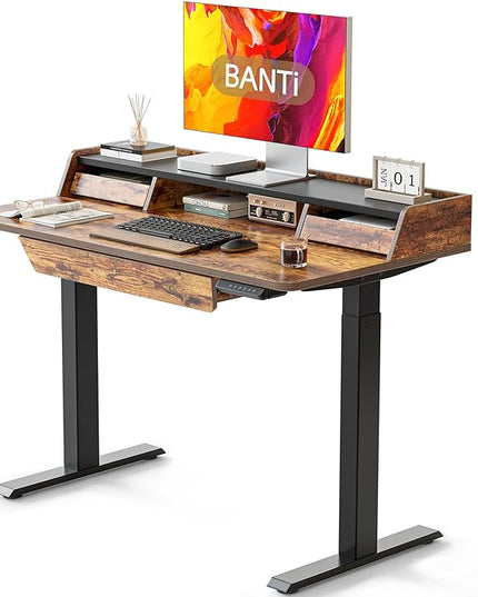BANTI 48 x 24 Inch Electric Standing Desk with 3 Drawers, Adjustable Height Stand Up Desk, Sit Stand Home Office Desk with Storage Shelf, Rustic Brown Top - LeafyLoom