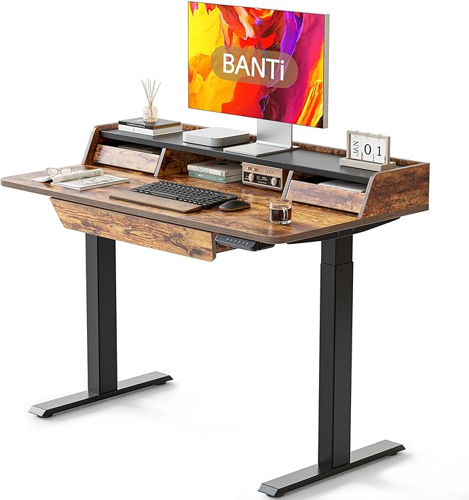 BANTI 48 x 24 Inch Electric Standing Desk with 3 Drawers, Adjustable Height Stand Up Desk, Sit Stand Home Office Desk with Storage Shelf, Rustic Brown Top - LeafyLoom