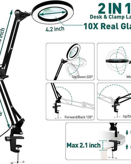 Magnifying Glass with Light and Clamp, 10X Real Glass Magnifier with Light, 3 Color Modes Stepless Dimmable Lighted Magnifying Glass, Magnifying Lamp for Repair Crafts Close Work- Black - LeafyLoom