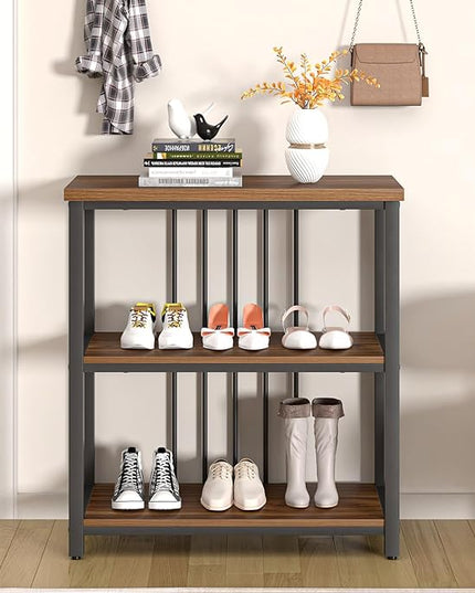 FOLUBAN Bookshelf, Small Modern 3 Tier Bookcase, Wood and Metal Standing Storage Book Shelves for Living Room, Office, Bedroom (Rustic Walnut) - LeafyLoom