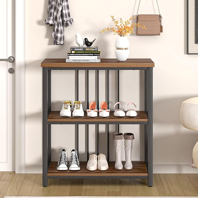 FOLUBAN Bookshelf, Small Modern 3 Tier Bookcase, Wood and Metal Standing Storage Book Shelves for Living Room, Office, Bedroom (Rustic Walnut) - LeafyLoom