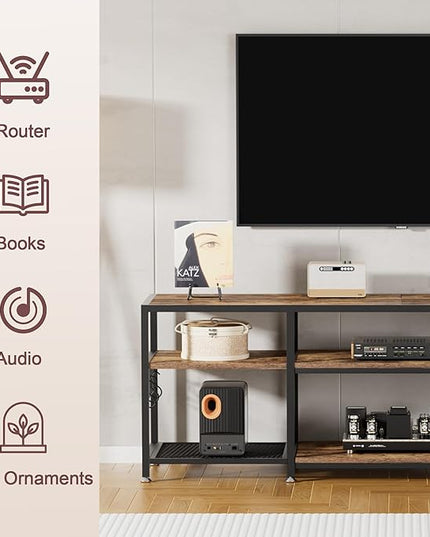 VECELO TV Stand for Televisions up to 75 Inch, Industrial Entertainment Center with 3-Tier Open Storage Shelves& Hooks for Living, Bedroom and Gaming Room, 70 Inch, Retro Brown - LeafyLoom