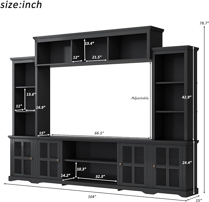 Merax Multifunctional TV Stand with Tempered Glass Door, Minimalism Style Entertainment Wall Unit with Bridge Modern Console Table for Televisions Up to 70”, 104.3 inch Length, Black - LeafyLoom