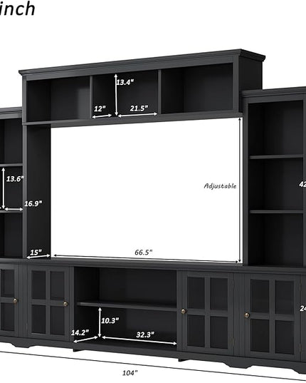 Entertainment Wall Unit with Bridge, Stand Media Console Table for TVs Up to 70" with Tempered Glass Door, Ample Storage Space for Living Room, 104 Inch, Black - LeafyLoom
