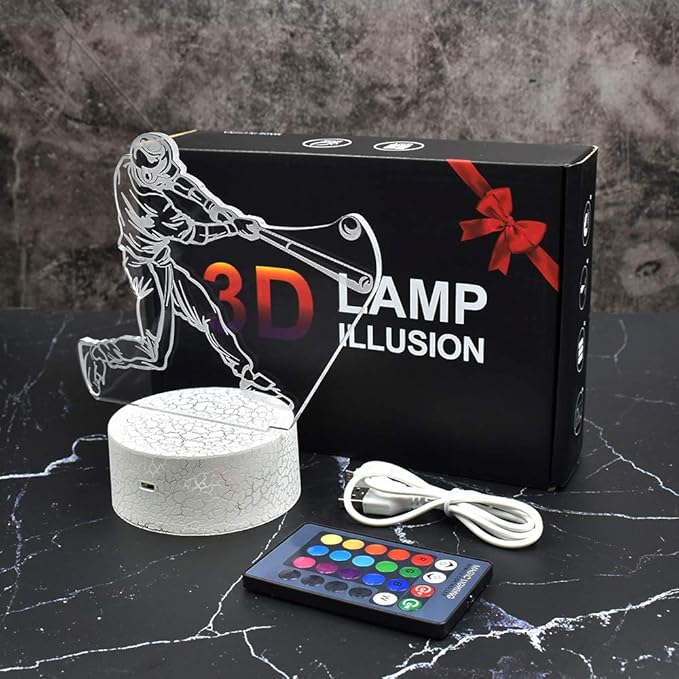 LETOUR Night Light for Kids Baseball 3D Night Light Porpoise Illusion Lamp with Remote Control 16 Color Changing Xmas Halloween Birthday Gift for Child Baby Boy (Remote - Ice Crack Base) - LeafyLoom