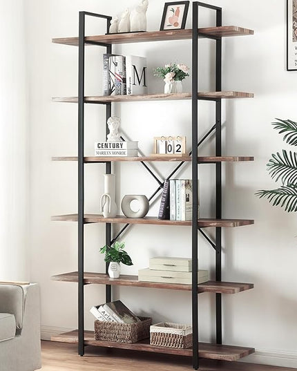 HOMISSUE Bookshelf,6-Tier Tall Bookshelf Industrial Bookcase and Bookshelves,Rustic Storage Rack with Open Shelves for Living Room Bedroom and Kitchen - LeafyLoom