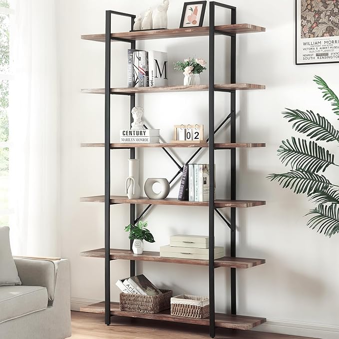 HOMISSUE Bookshelf,6-Tier Tall Bookshelf Industrial Bookcase and Bookshelves,Rustic Storage Rack with Open Shelves for Living Room Bedroom and Kitchen - LeafyLoom