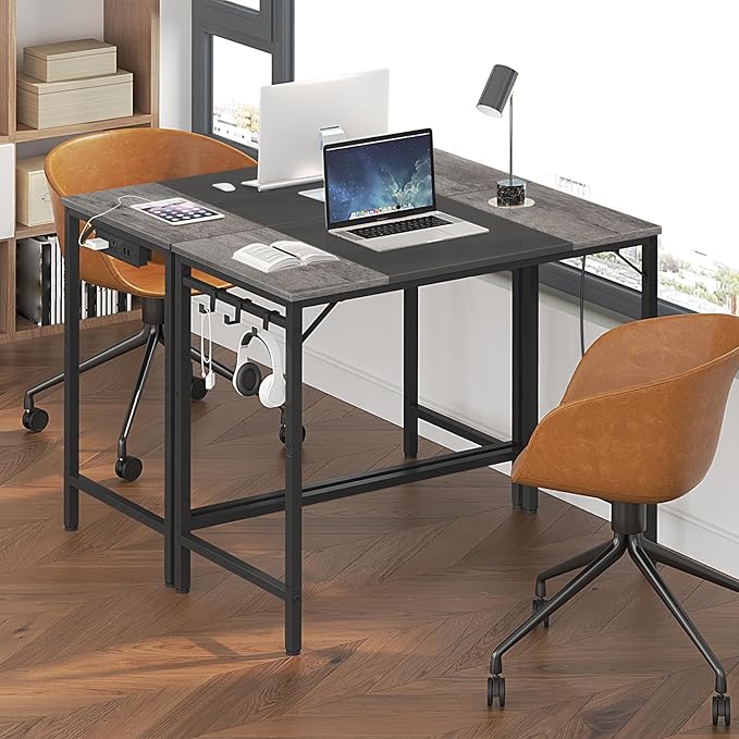 HOOBRO Computer Desk, Home Office Desk with Power Outlet, Modern Study Writing Desk with 3 Hooks for Study Room, Home Office, Sturdy and Stable, Easy to Assemble, Charcoal Gray and Black BC40UDN01 - LeafyLoom