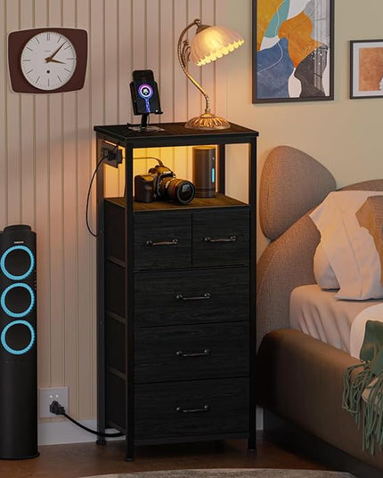 Furnulem Vertical Dresser with Charging Station and LED Lights, Black Chest of Drawers with Shelf and 5 Fabric Bins, Tall Nightstand for Entryway, Closet, Bedside Table, Wood Top, Bedroom Furniture - LeafyLoom
