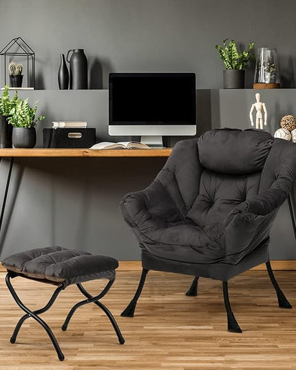 AbocoFur Fabric Lazy Chair with Foldable Ottoman, Accent Comfy Lounge Arm Chair and Folding Footrest Stool Set, Leisure Sofa Reading Chair and Footstool for Living Room, Bedroom, Dorm, Smoky Grey - LeafyLoom