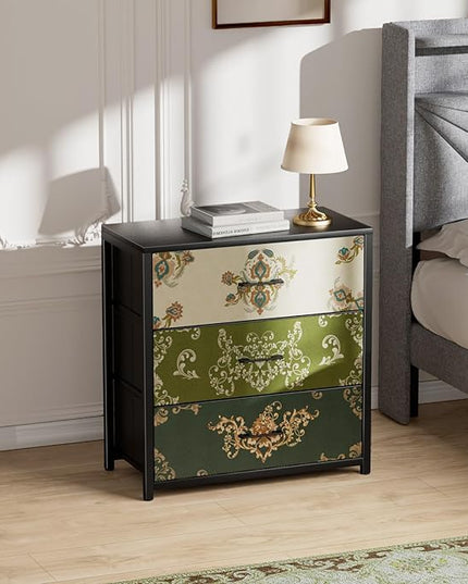 Nightstand, End Table, Bedside Table, Small Tall Boho Dresser for Bedroom with 3 Drawer, Chest of Drawers Fabric Dressers with Wood Top for Closet, Living Room, Retro Flower - LeafyLoom
