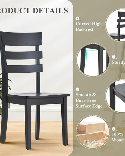 COLAMY Wooden Dining Chairs Set of 4, Ladder High Back Kitchen Side Chair, Farmhouse Armless Dining Room Chairs with Adjustable Foot Pegs, Black - LeafyLoom