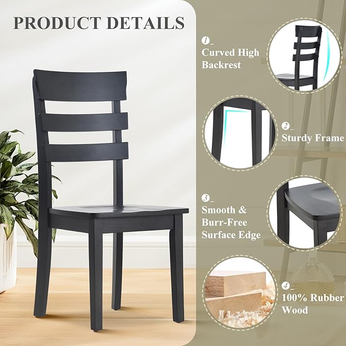 COLAMY Wooden Dining Chairs Set of 2, Ladder High Back Kitchen Side Chair, Farmhouse Armless Dining Room Chairs with Adjustable Foot Pegs, Black - LeafyLoom