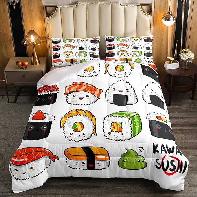 Erosebridal Kawaii Sushi Pattern Comforter Set King, Japanese Style Down Comforter, Food Theme Quilted Duvet for Kids Boys Girls Teens, Cute Cartoon Japanese Sushi Quilt Set Room Decorative - LeafyLoom